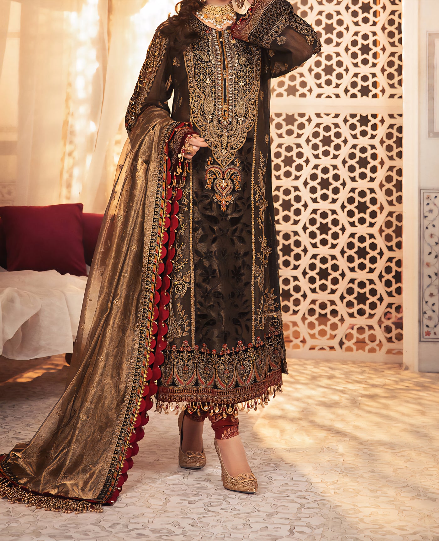 Unstitched MBROIDERED - Black and burnt gold