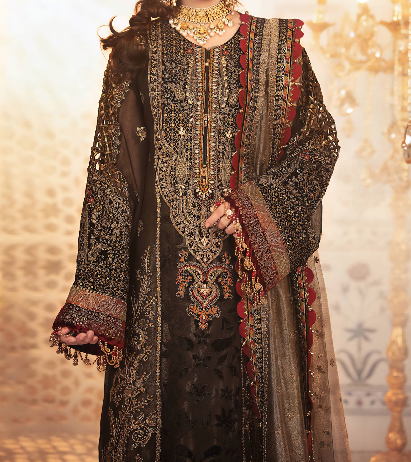 Unstitched MBROIDERED - Black and burnt gold
